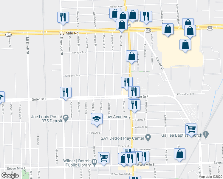 map of restaurants, bars, coffee shops, grocery stores, and more near 19980 Packard Street in Detroit