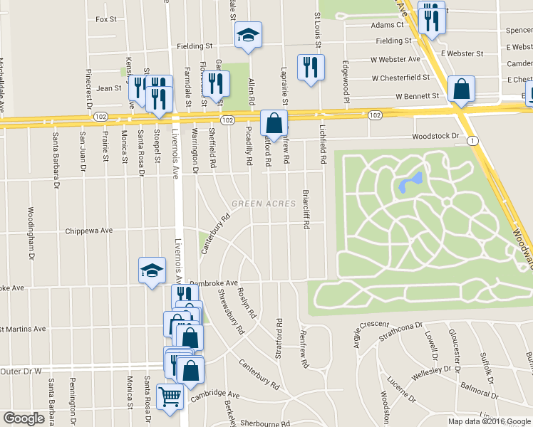 map of restaurants, bars, coffee shops, grocery stores, and more near 20160 Stratford Road in Detroit