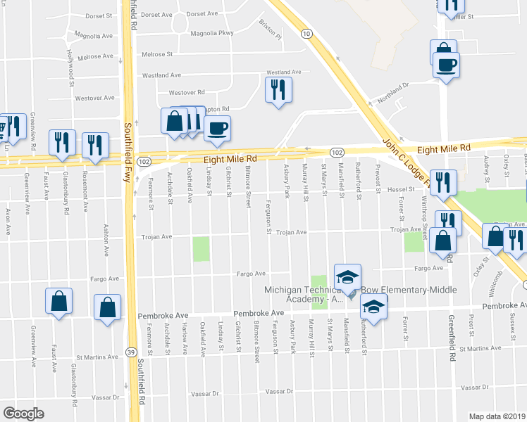 map of restaurants, bars, coffee shops, grocery stores, and more near 20300 Ferguson Street in Detroit