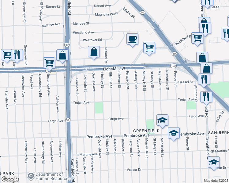 map of restaurants, bars, coffee shops, grocery stores, and more near 20309 Biltmore Street in Detroit
