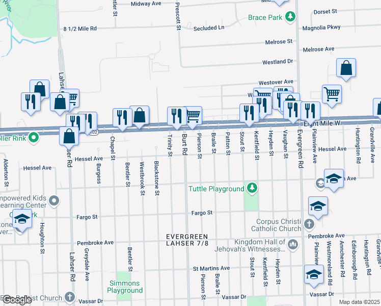 map of restaurants, bars, coffee shops, grocery stores, and more near 20542 Burt Road in Detroit