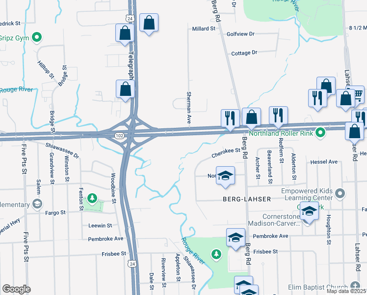 map of restaurants, bars, coffee shops, grocery stores, and more near in Southfield
