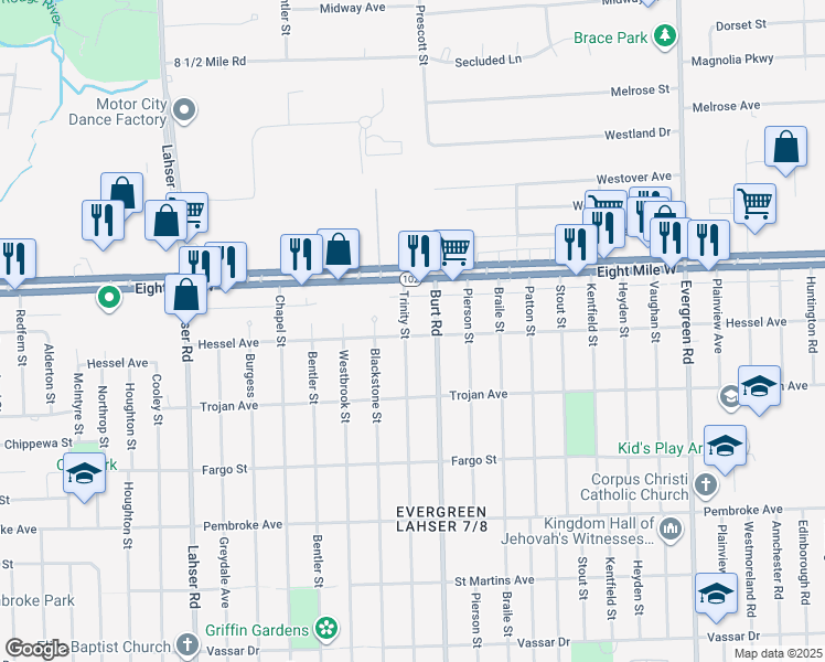 map of restaurants, bars, coffee shops, grocery stores, and more near 20500 Trinity Street in Detroit