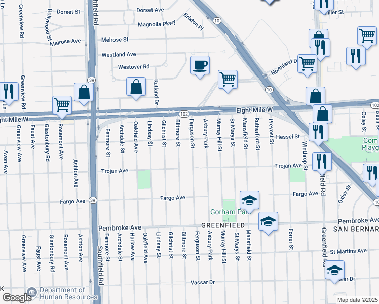 map of restaurants, bars, coffee shops, grocery stores, and more near 20300 Ferguson Street in Detroit