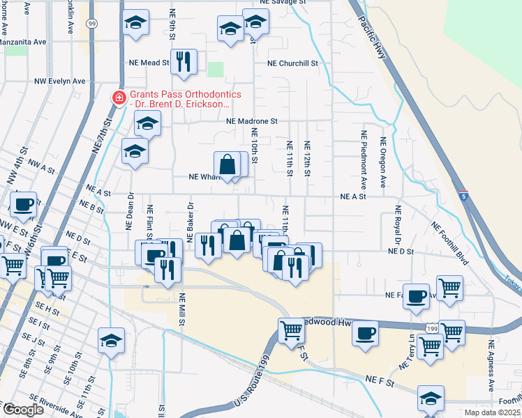 map of restaurants, bars, coffee shops, grocery stores, and more near 1001 Northeast A Street in Grants Pass