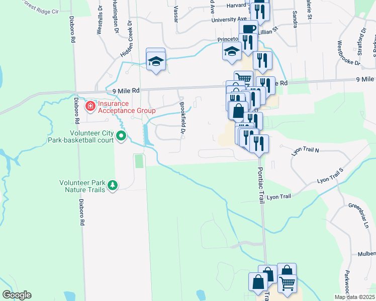 map of restaurants, bars, coffee shops, grocery stores, and more near 22160 Brookfield Drive in South Lyon