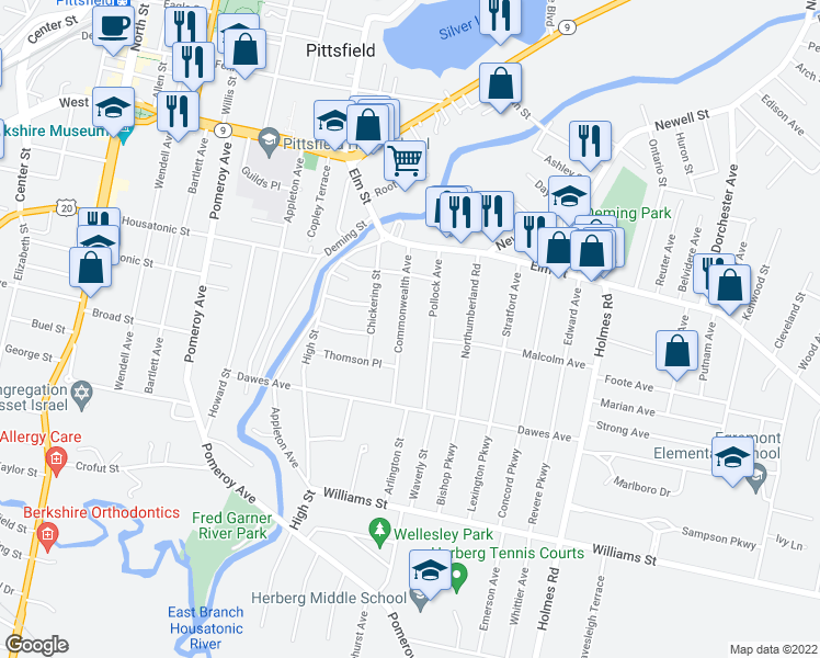 map of restaurants, bars, coffee shops, grocery stores, and more near 50 Pollock Ave in Pittsfield