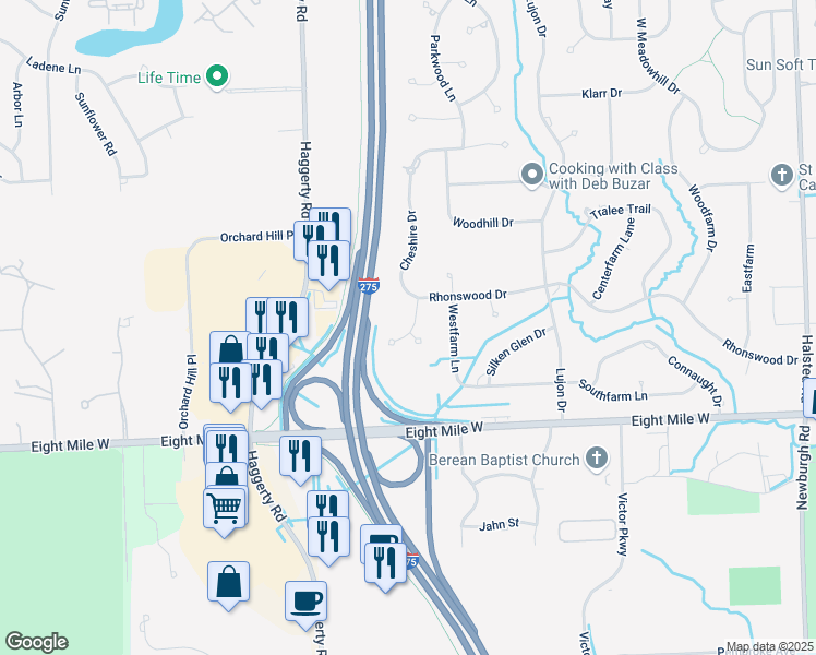 map of restaurants, bars, coffee shops, grocery stores, and more near 21053 Marshview Drive in Northville
