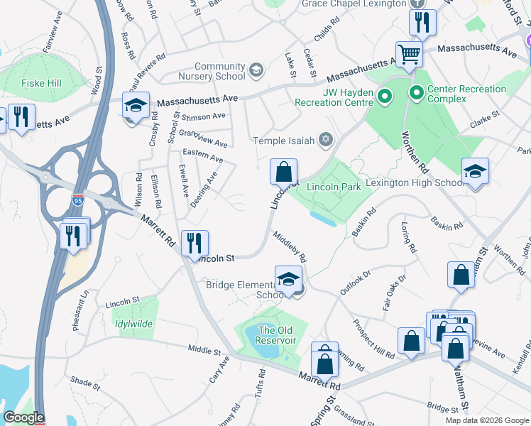 map of restaurants, bars, coffee shops, grocery stores, and more near 179 Lincoln Street in Lexington