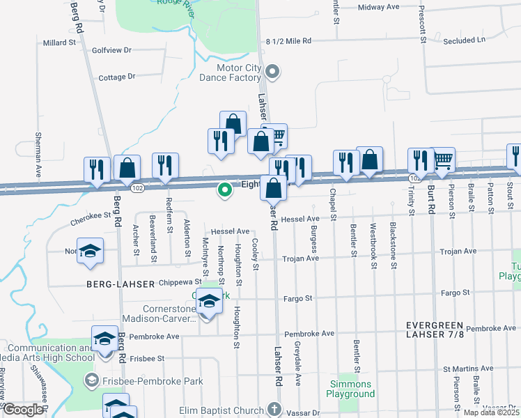 map of restaurants, bars, coffee shops, grocery stores, and more near 20555 Lahser Road in Detroit