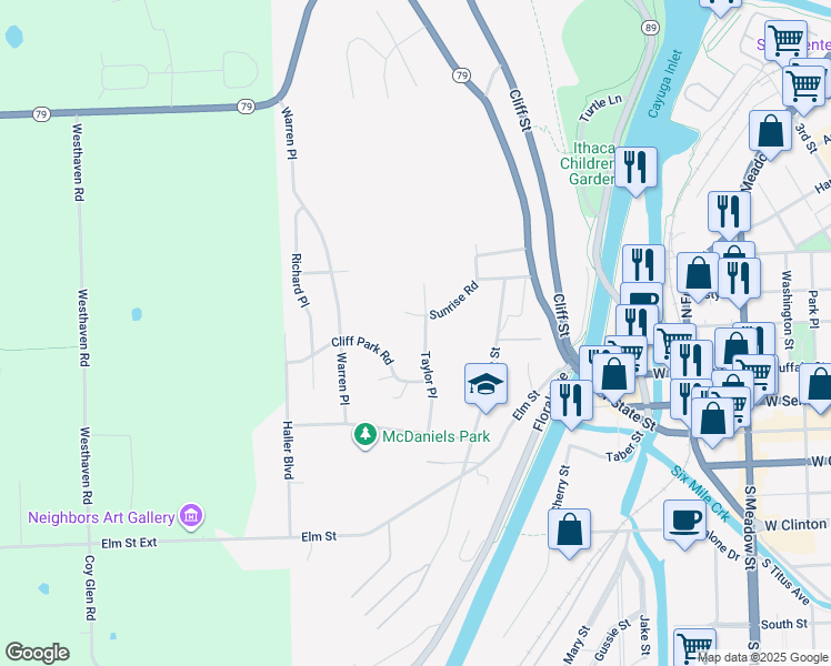 map of restaurants, bars, coffee shops, grocery stores, and more near 314 Taylor Place in Ithaca