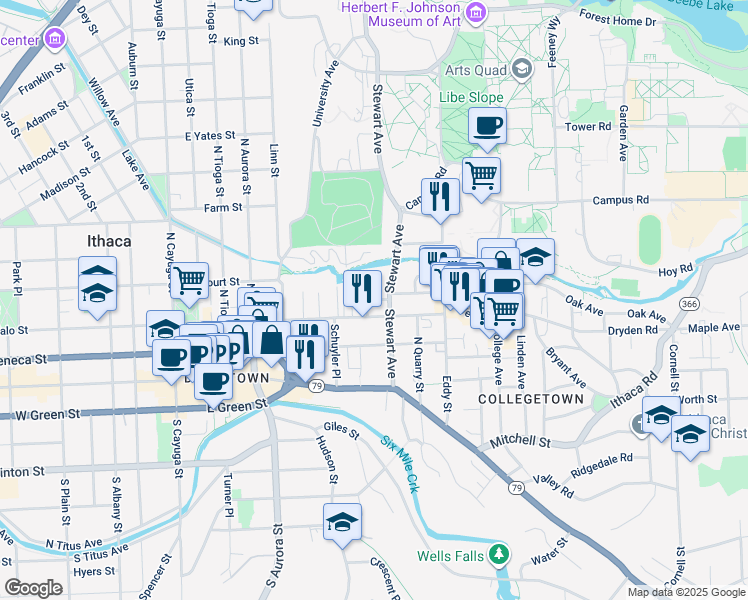 map of restaurants, bars, coffee shops, grocery stores, and more near 513 Edgewood Place in Ithaca