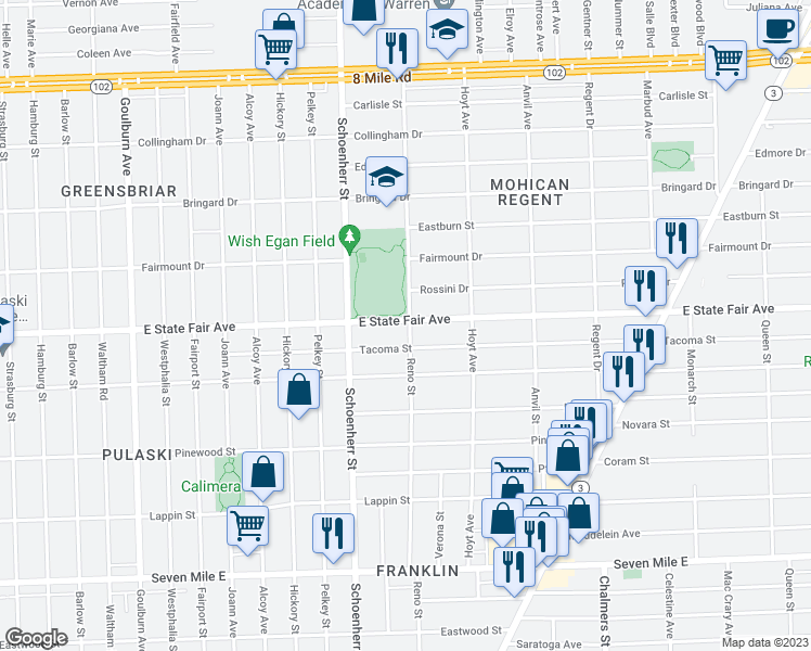 map of restaurants, bars, coffee shops, grocery stores, and more near 13718 East State Fair Street in Detroit