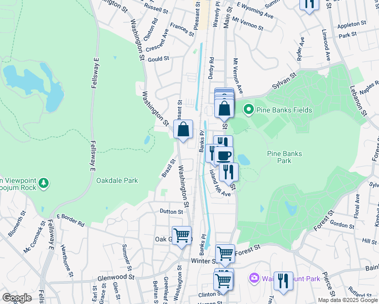 map of restaurants, bars, coffee shops, grocery stores, and more near 99 Washington Street in Melrose