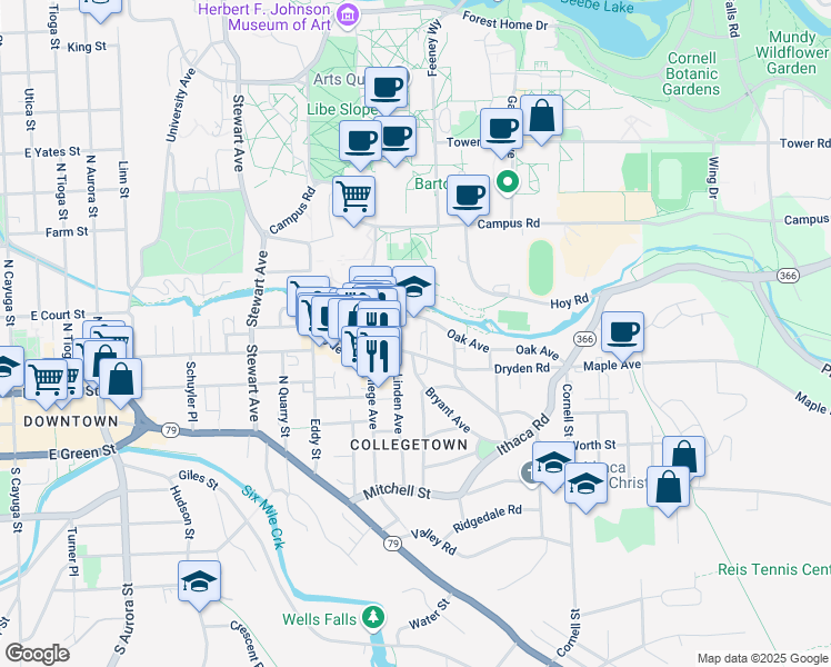 map of restaurants, bars, coffee shops, grocery stores, and more near 116 Summit Street in Ithaca