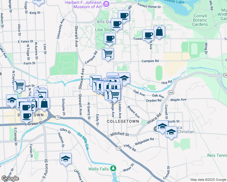 map of restaurants, bars, coffee shops, grocery stores, and more near 403 College Avenue in Ithaca