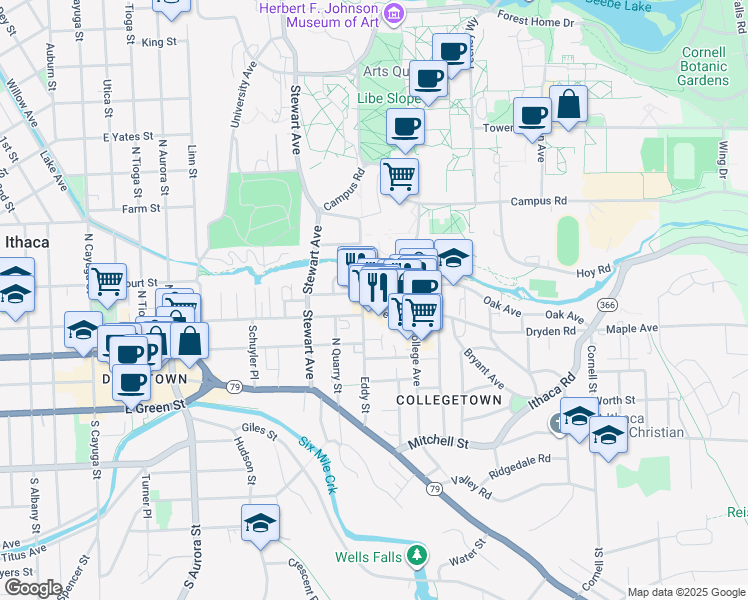 map of restaurants, bars, coffee shops, grocery stores, and more near 115 Cascadilla Place in Ithaca