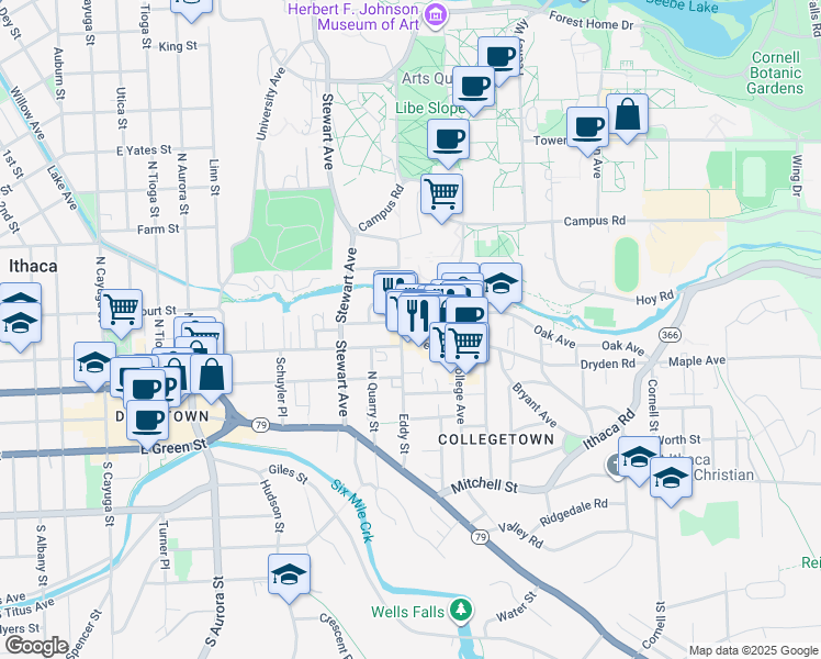 map of restaurants, bars, coffee shops, grocery stores, and more near 115 Cascadilla Place in Ithaca