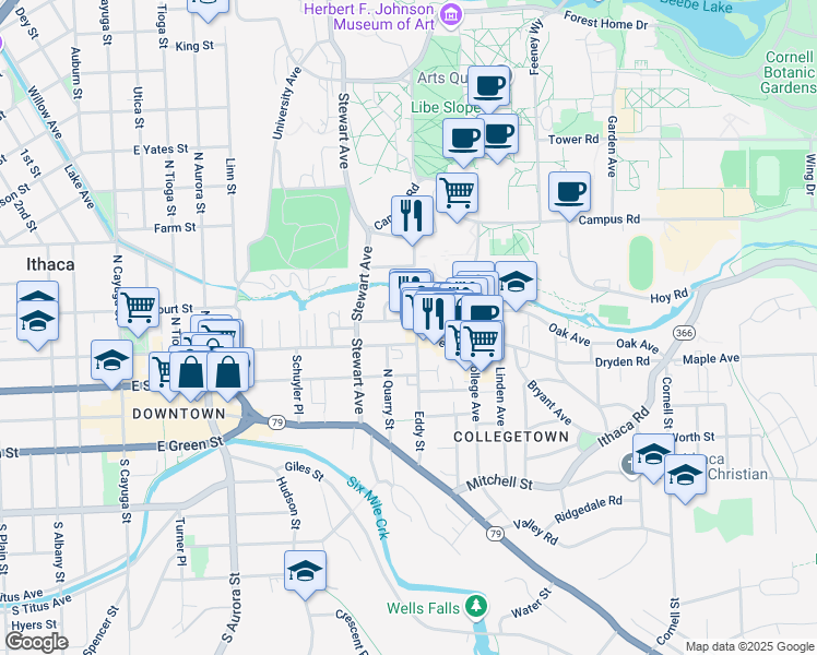 map of restaurants, bars, coffee shops, grocery stores, and more near 422 Eddy Street in Ithaca