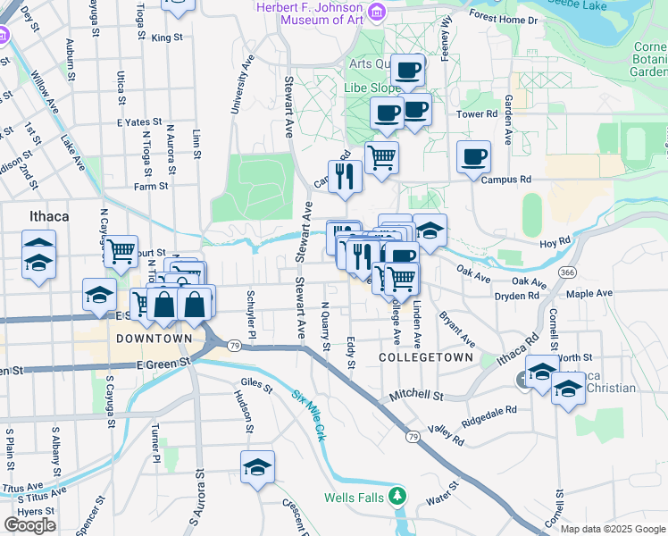 map of restaurants, bars, coffee shops, grocery stores, and more near 422 Eddy Street in Ithaca
