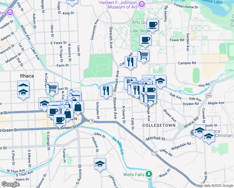 map of restaurants, bars, coffee shops, grocery stores, and more near in Ithaca