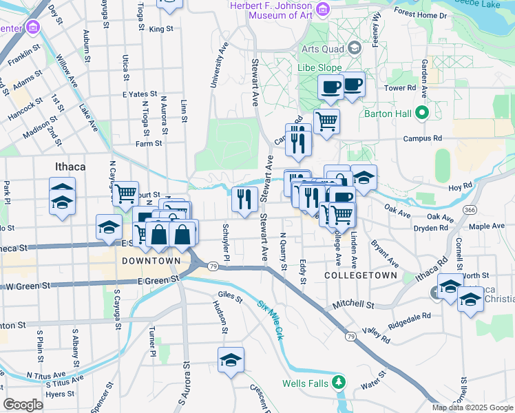 map of restaurants, bars, coffee shops, grocery stores, and more near in Ithaca