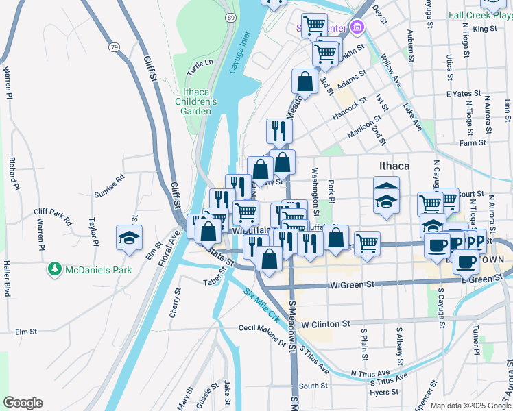 map of restaurants, bars, coffee shops, grocery stores, and more near 720 West Court Street in Ithaca