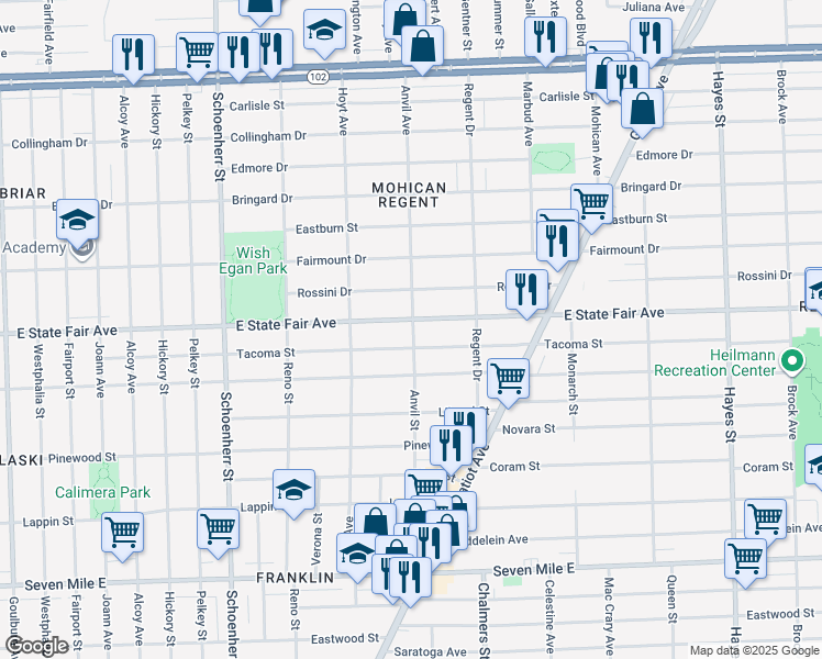 map of restaurants, bars, coffee shops, grocery stores, and more near 14063 East State Fair Avenue in Detroit