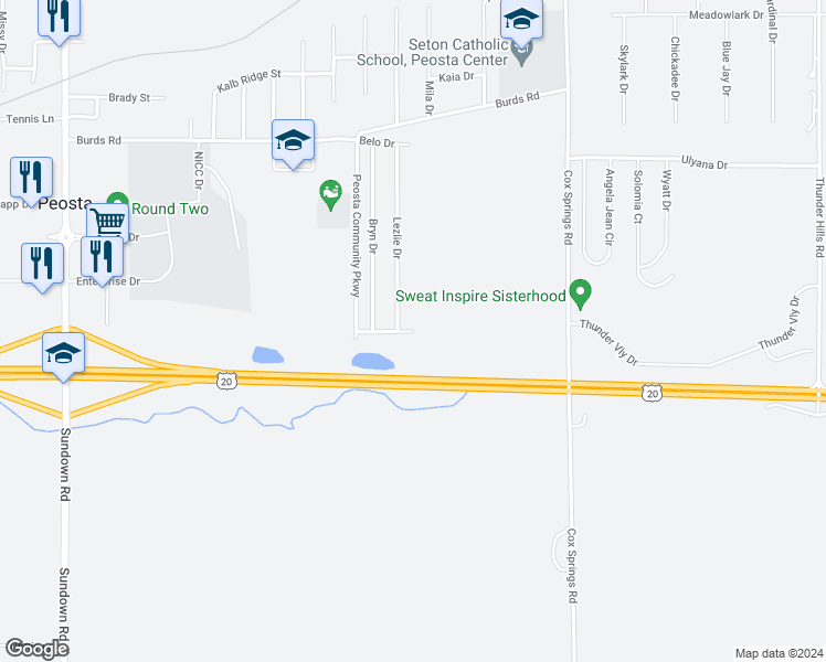 map of restaurants, bars, coffee shops, grocery stores, and more near 172 Lezlie Drive in Peosta