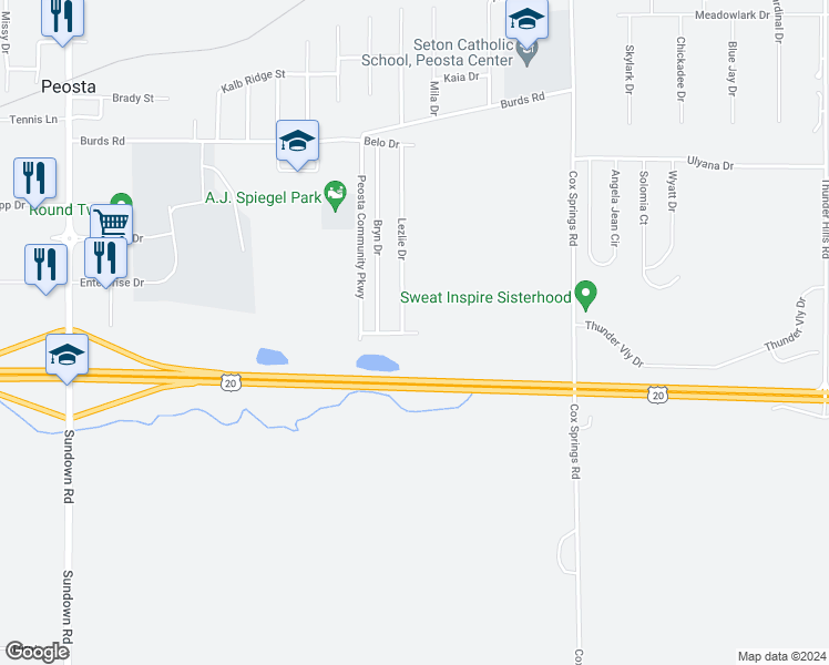 map of restaurants, bars, coffee shops, grocery stores, and more near 172 Lezlie Drive in Peosta