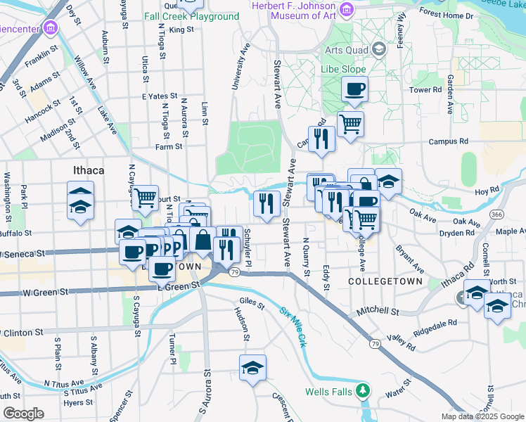 map of restaurants, bars, coffee shops, grocery stores, and more near 109 Dewitt Place in Ithaca