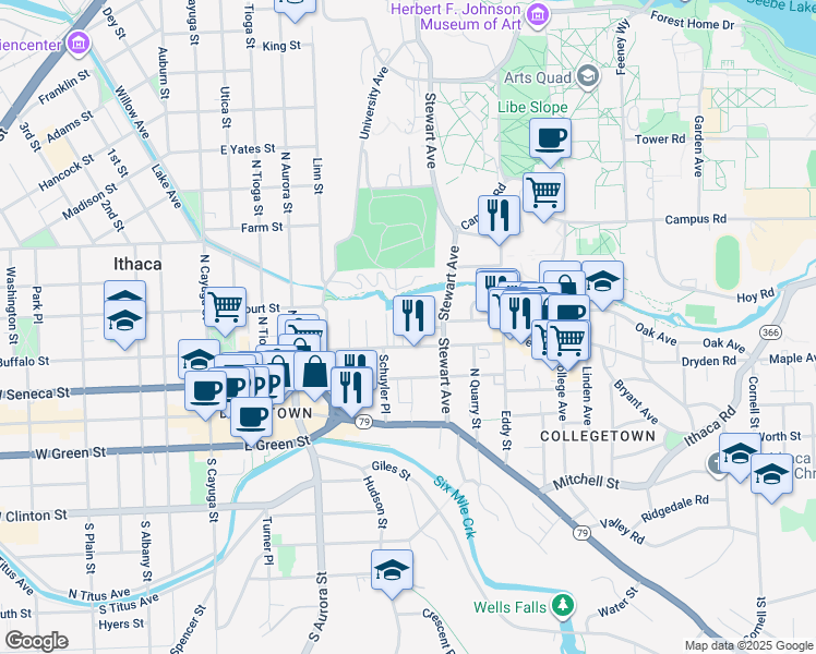 map of restaurants, bars, coffee shops, grocery stores, and more near 509-13 Edgewood Place in Ithaca