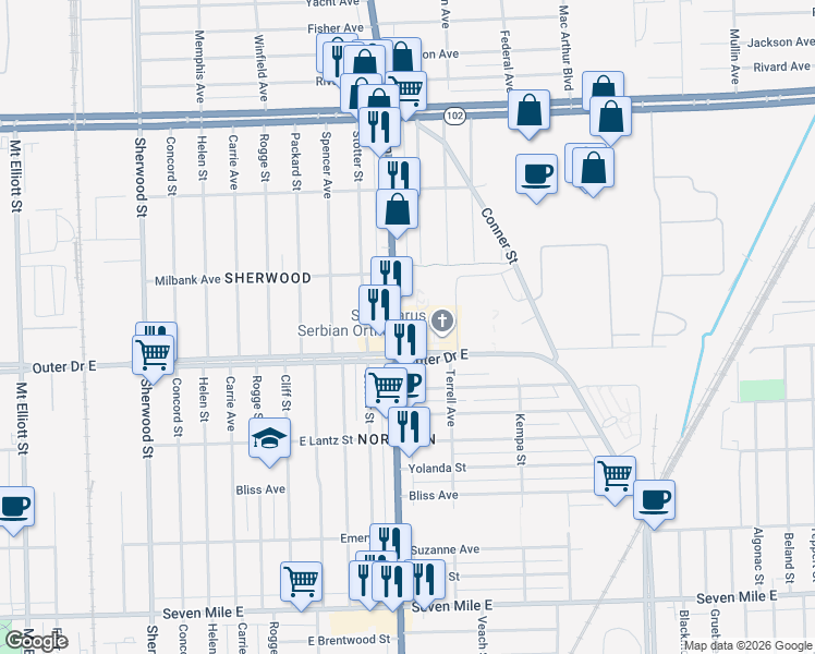 map of restaurants, bars, coffee shops, grocery stores, and more near 19940 Van Dyke Avenue in Detroit
