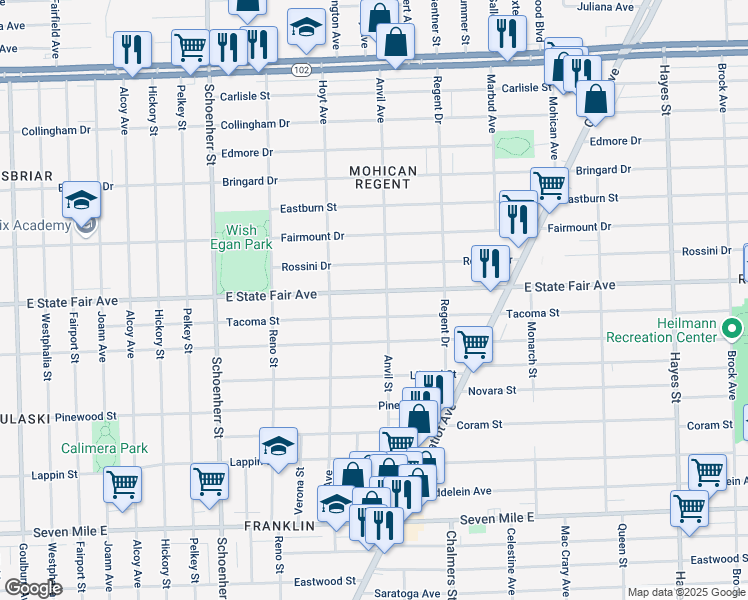 map of restaurants, bars, coffee shops, grocery stores, and more near 14063 East State Fair Avenue in Detroit