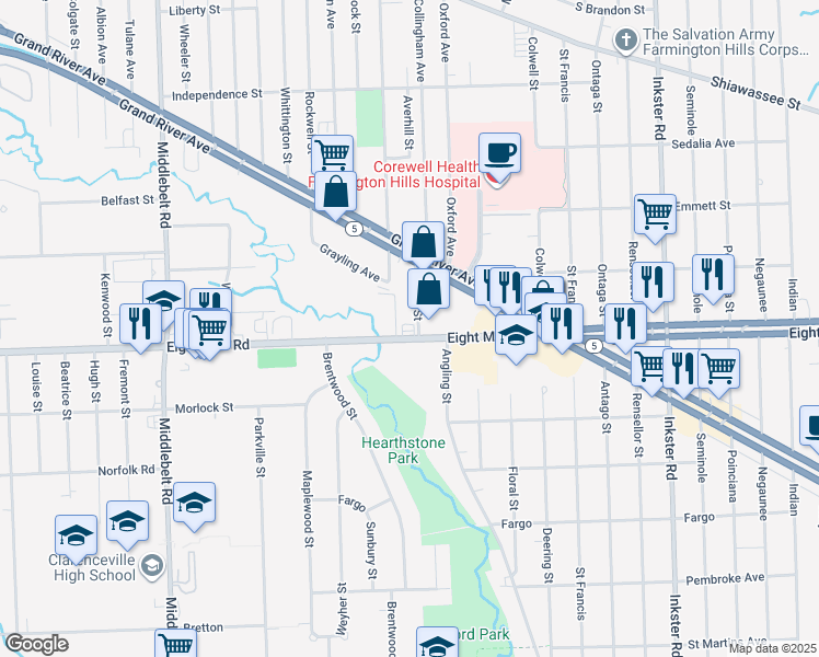 map of restaurants, bars, coffee shops, grocery stores, and more near 28418 Eight Mile Road in Farmington Hills