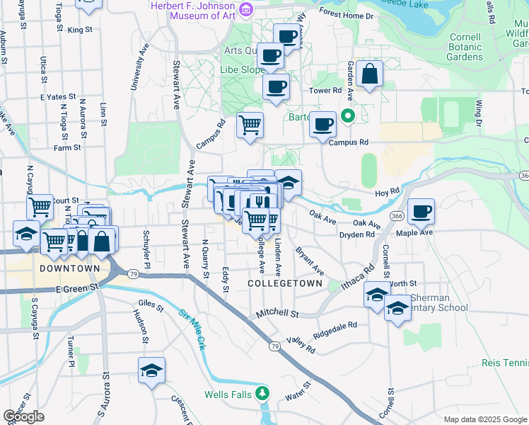 map of restaurants, bars, coffee shops, grocery stores, and more near 409 College Avenue in Ithaca