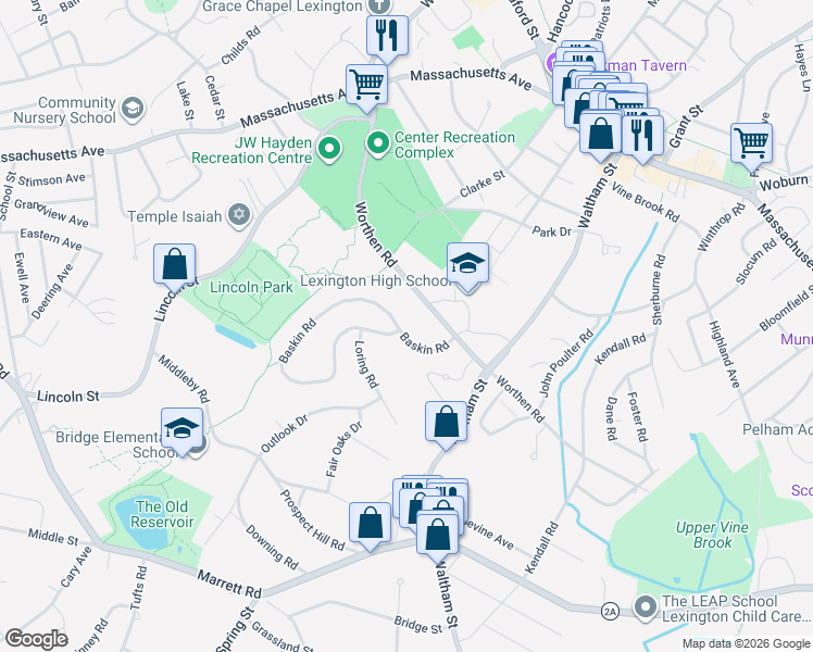 map of restaurants, bars, coffee shops, grocery stores, and more near 9 Baskin Road in Lexington