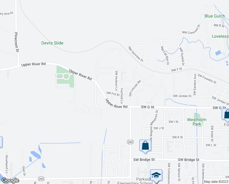 map of restaurants, bars, coffee shops, grocery stores, and more near 2100 Southwest Ford Street in Grants Pass