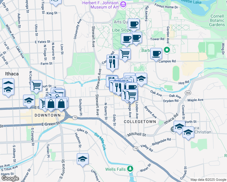 map of restaurants, bars, coffee shops, grocery stores, and more near Dryden Road & Eddy Street in Ithaca