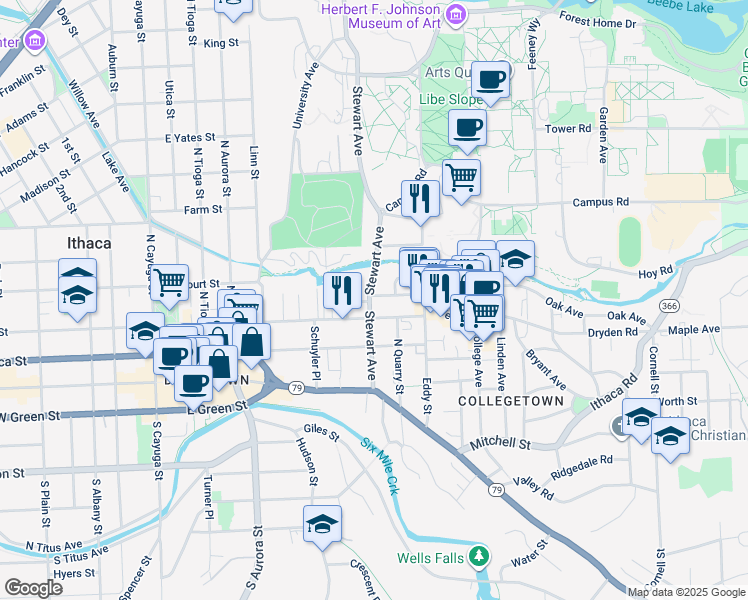 map of restaurants, bars, coffee shops, grocery stores, and more near 307 Stewart Avenue in Ithaca