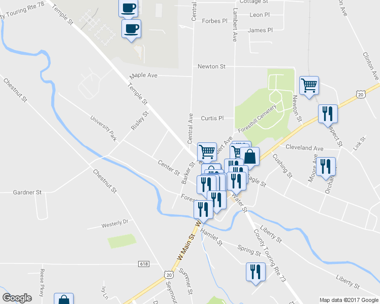 map of restaurants, bars, coffee shops, grocery stores, and more near 69 Temple Street in Fredonia