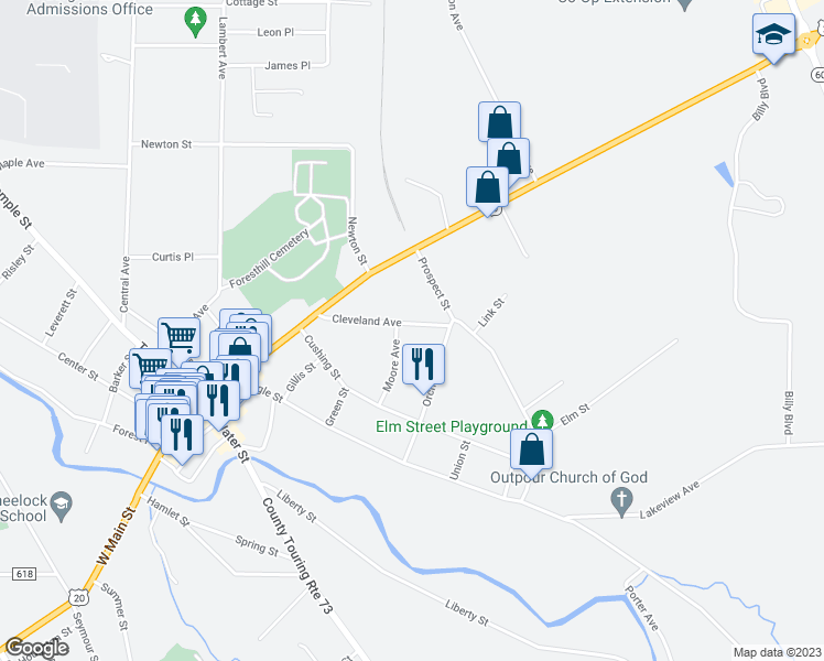 map of restaurants, bars, coffee shops, grocery stores, and more near 67 Cleveland Avenue in Fredonia