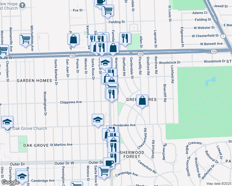 map of restaurants, bars, coffee shops, grocery stores, and more near 20200 Warrington Drive in Detroit