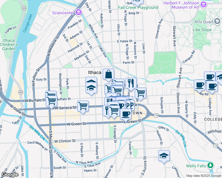 map of restaurants, bars, coffee shops, grocery stores, and more near 105 West Court Street in Ithaca