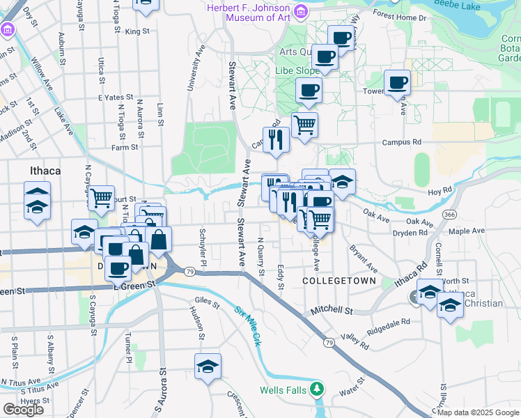 map of restaurants, bars, coffee shops, grocery stores, and more near 203 Williams Street in Ithaca
