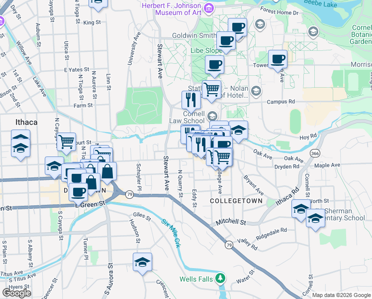 map of restaurants, bars, coffee shops, grocery stores, and more near 422 Eddy Street in Ithaca