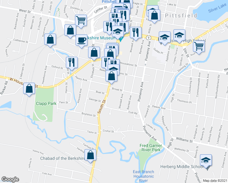 map of restaurants, bars, coffee shops, grocery stores, and more near 222 U.S. 20 in Pittsfield