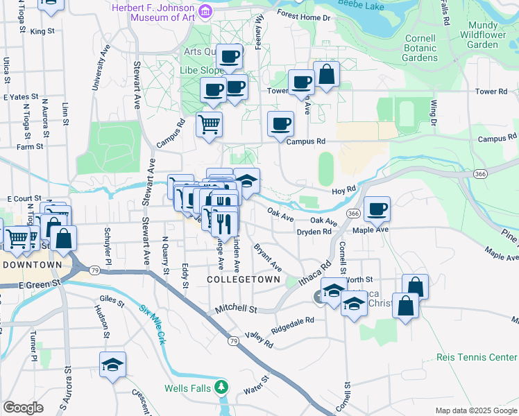 map of restaurants, bars, coffee shops, grocery stores, and more near 116 Summit Street in Ithaca