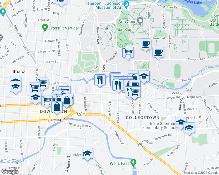 map of restaurants, bars, coffee shops, grocery stores, and more near 422 Eddy Street in Ithaca