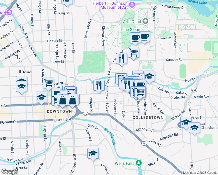 map of restaurants, bars, coffee shops, grocery stores, and more near in Ithaca